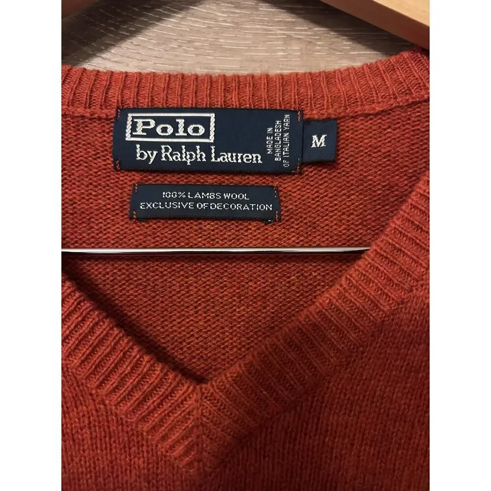 VTG Polo Ralph Lauren Classic 100% Lambswool Italian V-Neck Sweater Sz M Orange